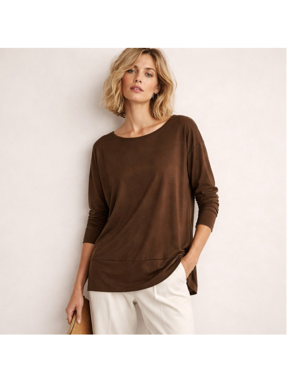 Eileen Fisher Espresso Brown Long Sleeve Jersey Tunic Top Size S